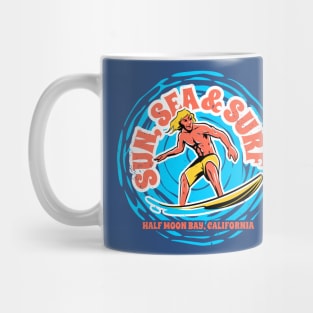 Vintage Sun, Sea & Surf Half Moon Bay, California // Retro Surfing // Surfer Catching Waves Mug